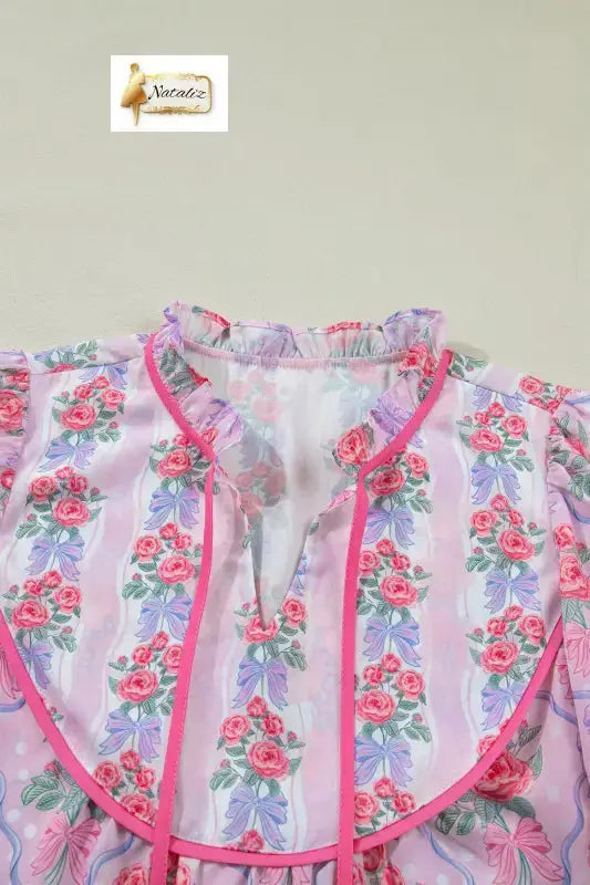 Purple Coquette Floral Bow Printed Contrast Ruffled Short Sleeve Blouse Dear-Lover Dropshipping