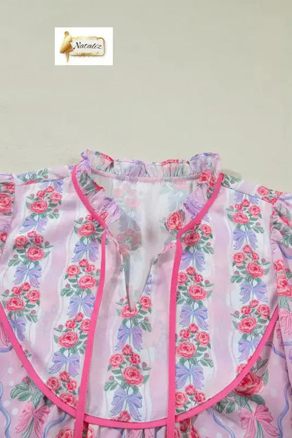 Purple Coquette Floral Bow Printed Contrast Ruffled Short Sleeve Blouse Dear-Lover Dropshipping