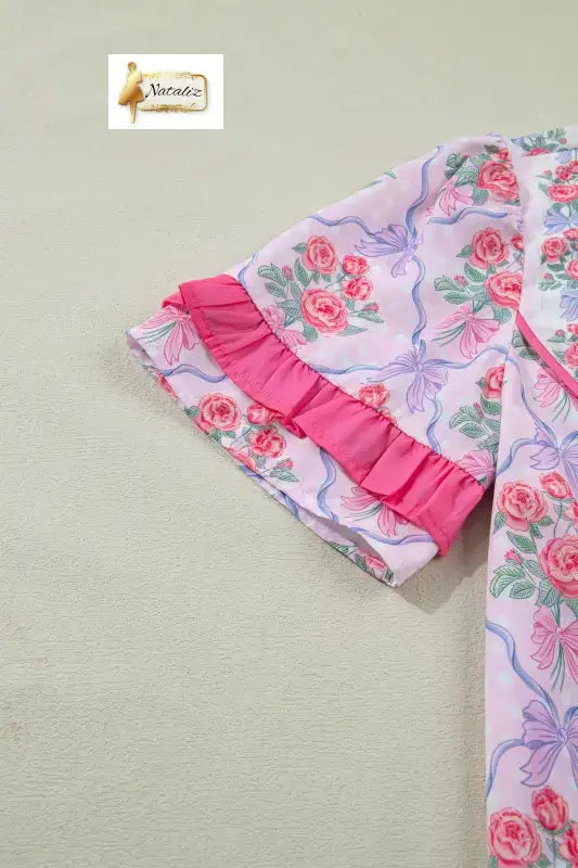 Purple Coquette Floral Bow Printed Contrast Ruffled Short Sleeve Blouse Dear-Lover Dropshipping