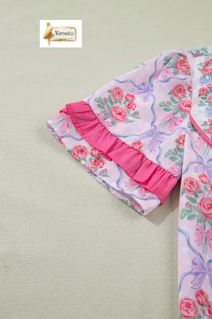 Purple Coquette Floral Bow Printed Contrast Ruffled Short Sleeve Blouse Dear-Lover Dropshipping