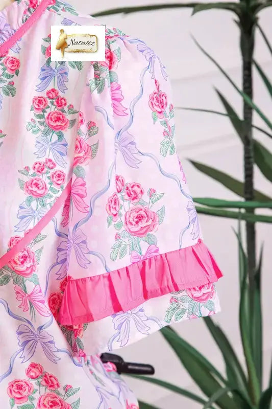 Purple Coquette Floral Bow Printed Contrast Ruffled Short Sleeve Blouse Dear-Lover Dropshipping