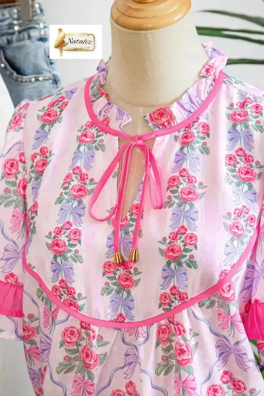 Purple Coquette Floral Bow Printed Contrast Ruffled Short Sleeve Blouse Dear-Lover Dropshipping