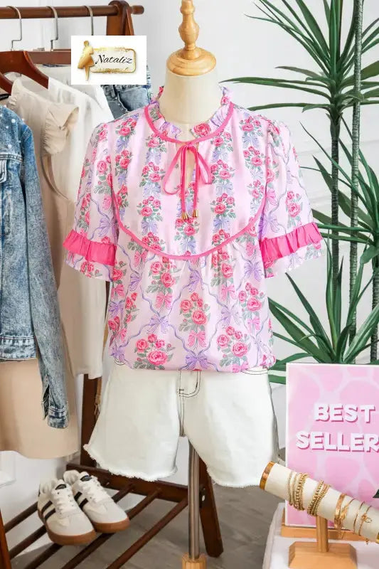 Purple Coquette Floral Bow Printed Contrast Ruffled Short Sleeve Blouse Dear-Lover Dropshipping