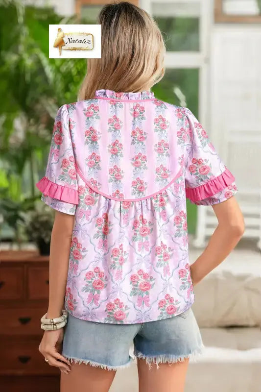 Purple Coquette Floral Bow Printed Contrast Ruffled Short Sleeve Blouse Dear-Lover Dropshipping
