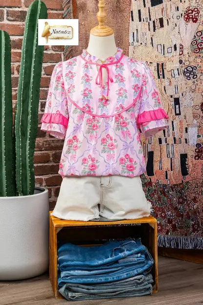 Purple Coquette Floral Bow Printed Contrast Ruffled Short Sleeve Blouse Dear-Lover Dropshipping