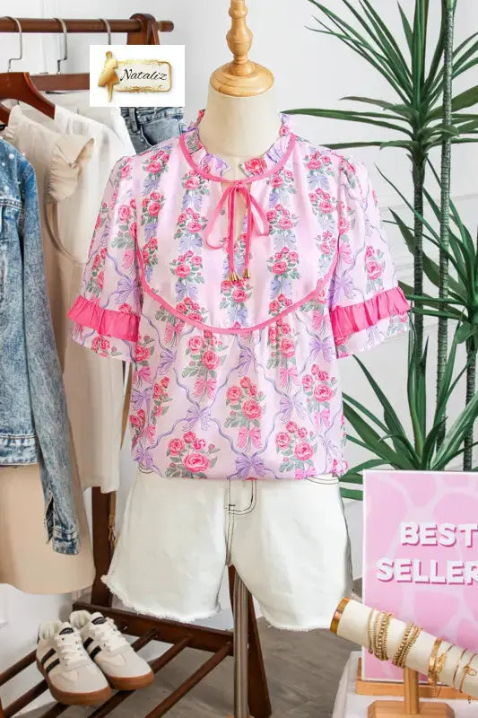 Purple Coquette Floral Bow Printed Contrast Ruffled Short Sleeve Blouse Dear-Lover Dropshipping