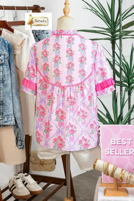 Purple Coquette Floral Bow Printed Contrast Ruffled Short Sleeve Blouse Dear-Lover Dropshipping