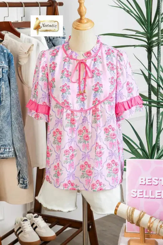 Purple Coquette Floral Bow Printed Contrast Ruffled Short Sleeve Blouse Dear-Lover Dropshipping