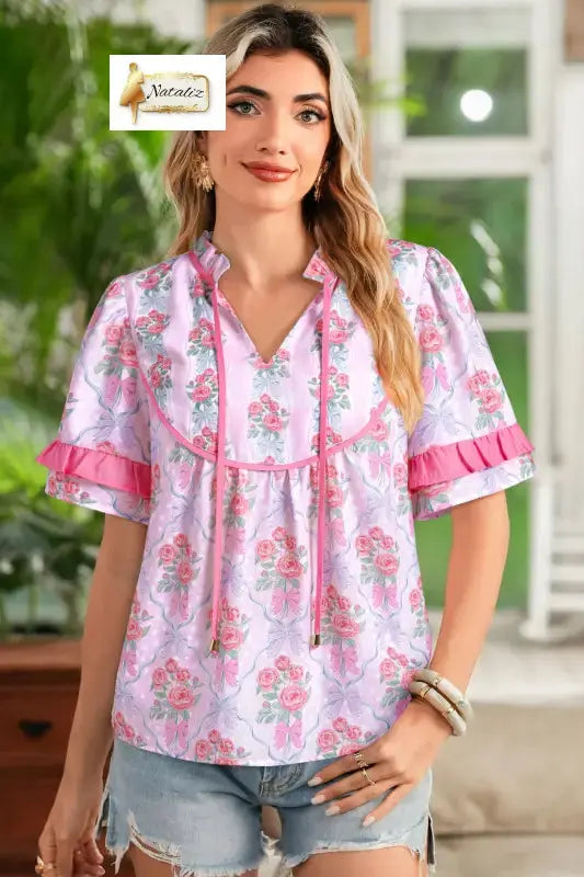 Purple Coquette Floral Bow Printed Contrast Ruffled Short Sleeve Blouse Dear-Lover Dropshipping