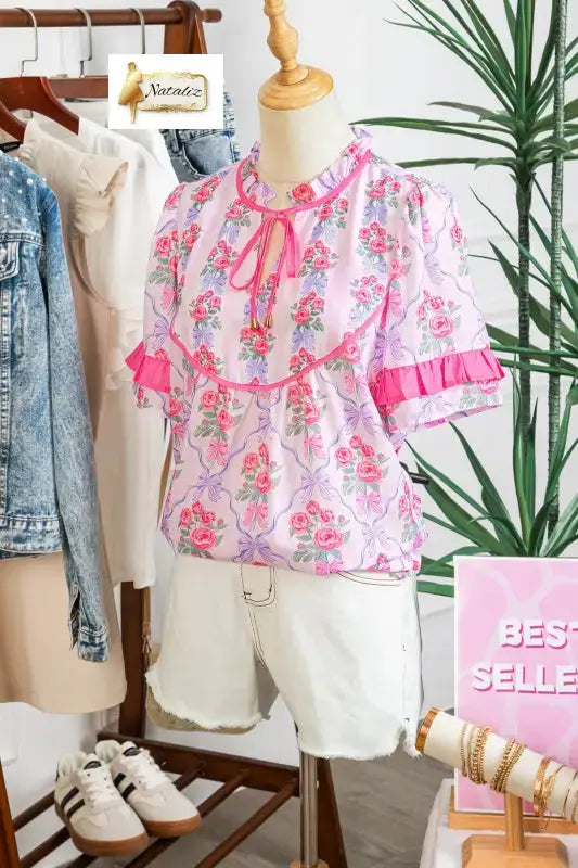 Purple Coquette Floral Bow Printed Contrast Ruffled Short Sleeve Blouse Dear-Lover Dropshipping