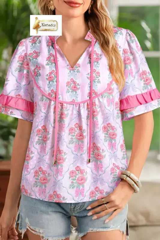 Purple Coquette Floral Bow Printed Contrast Ruffled Short Sleeve Blouse Dear-Lover Dropshipping