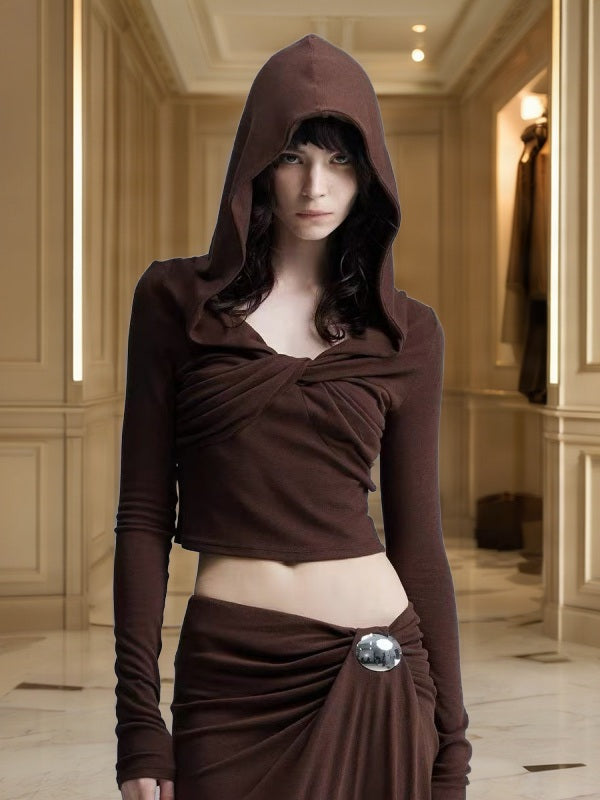 Hooded Twist-Front Crop Top & Draped Maxi Skirt Set model front view · nz-bg-v1