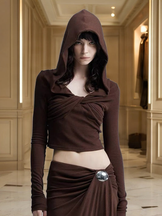 Hooded Twist-Front Crop Top & Draped Maxi Skirt Set model front view · nz-bg-v1