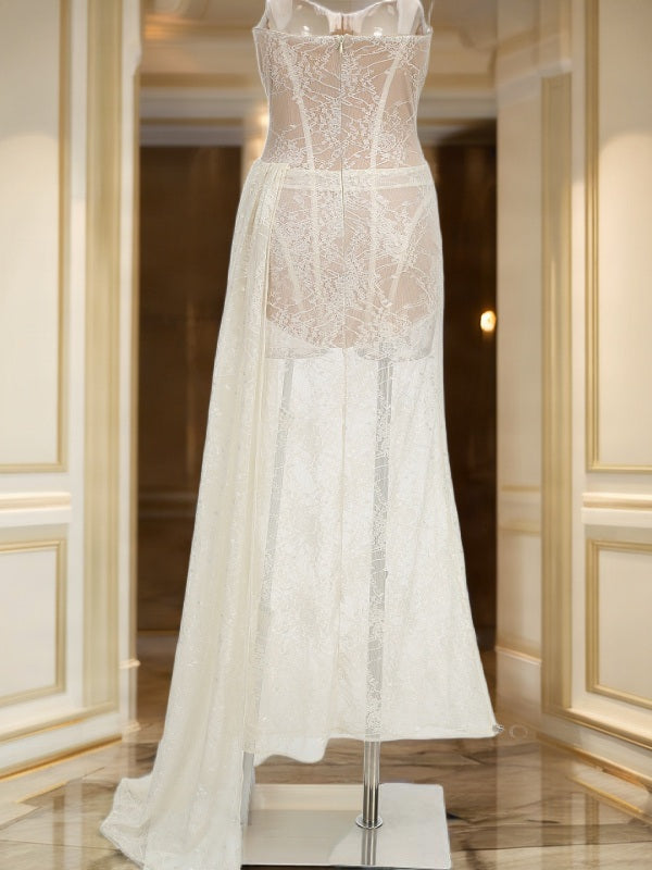 Strapless Sheer Lace Corset Maxi Gown with Draped Sash mannequin view · nz-bg-v1