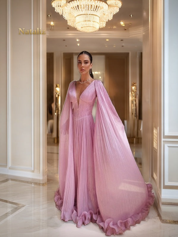 Pleated Cape-Sleeve Maxi Gown in Blush Pink model front view