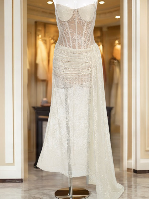 Strapless Sheer Lace Corset Maxi Gown with Draped Sash mannequin view · nz-bg-v1