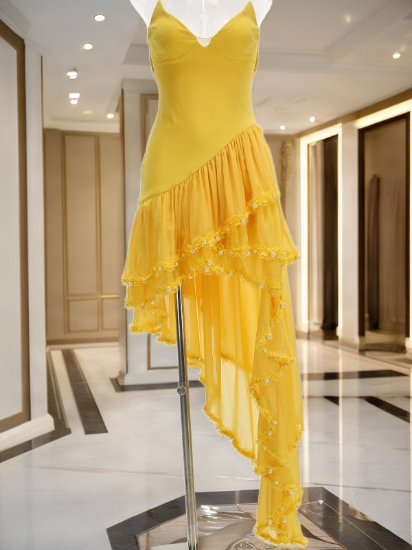 Strapless High-Low Tiered Gown in Sunshine Yellow mannequin view · nz-bg-v1