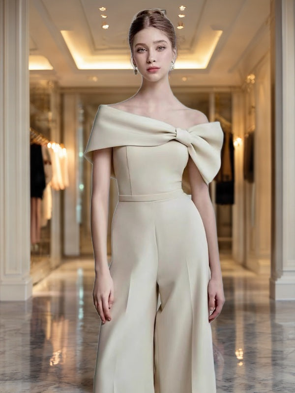 Off-Shoulder Bow Wide-Leg Jumpsuit in Champagne model front view · nz-bg-v1