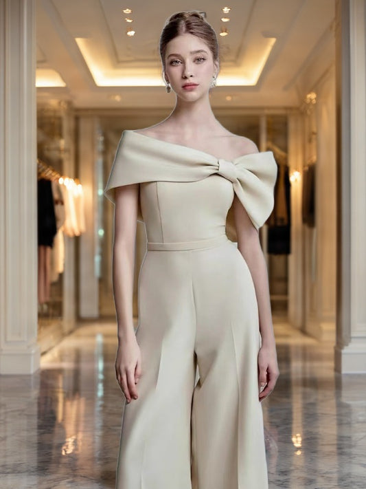 Off-Shoulder Bow Wide-Leg Jumpsuit in Champagne model front view · nz-bg-v1