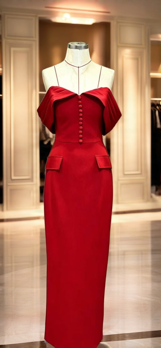 Off-Shoulder Button-Front Column Maxi Dress mannequin view · nz-bg-v1