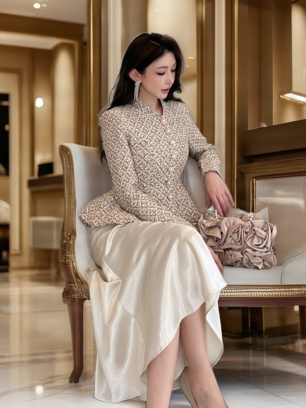 Tweed Peplum Jacket & Satin Maxi Skirt Set model front view · nz-bg-v1