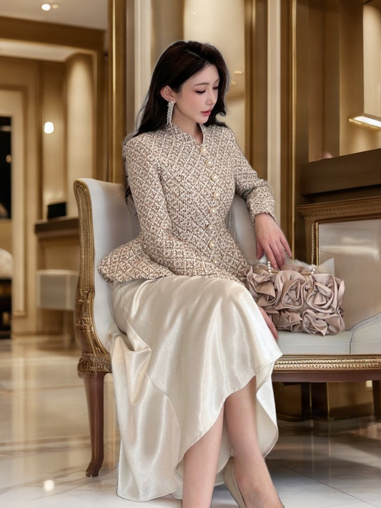 Peplum Jacket & Maxi Skirt Set model front view · nz-bg-v1