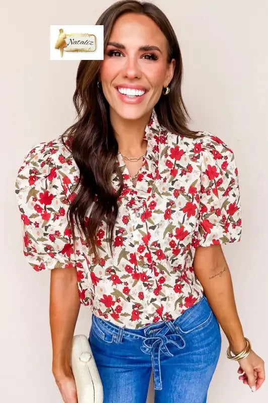 Red Floral Print Short Puff Sleeve Button Front Shirt Dear-Lover Dropshipping