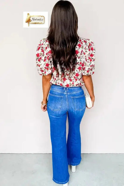 Red Floral Print Short Puff Sleeve Button Front Shirt Dear-Lover Dropshipping