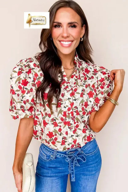 Red Floral Print Short Puff Sleeve Button Front Shirt Dear-Lover Dropshipping
