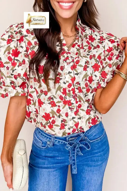 Red Floral Print Short Puff Sleeve Button Front Shirt Dear-Lover Dropshipping