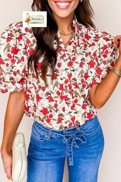 Red Floral Print Short Puff Sleeve Button Front Shirt Dear-Lover Dropshipping