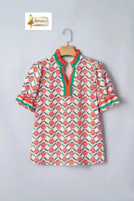 Red Floral Print Striped Detail V Neck Ruffled Short Sleeve Blouse Dear-Lover Dropshipping