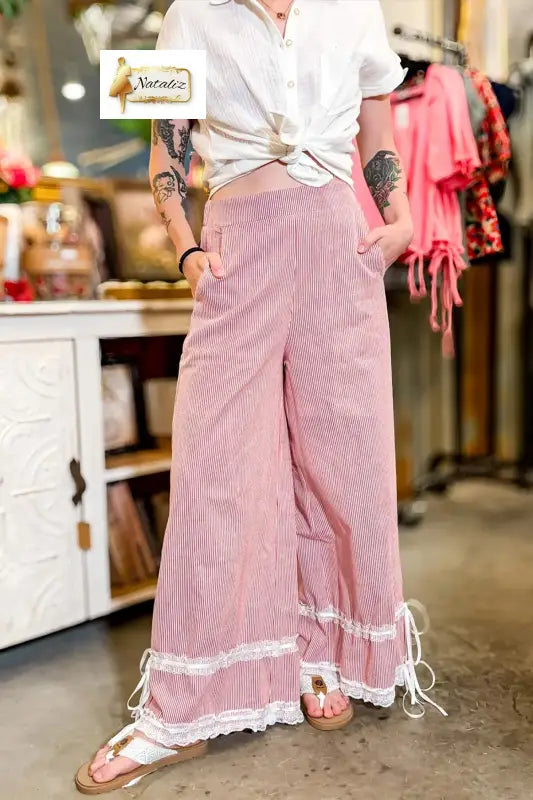 Red Stripe Contrast Lace Ribbon Tie Detail Wide Leg Pants Dear-Lover Dropshipping