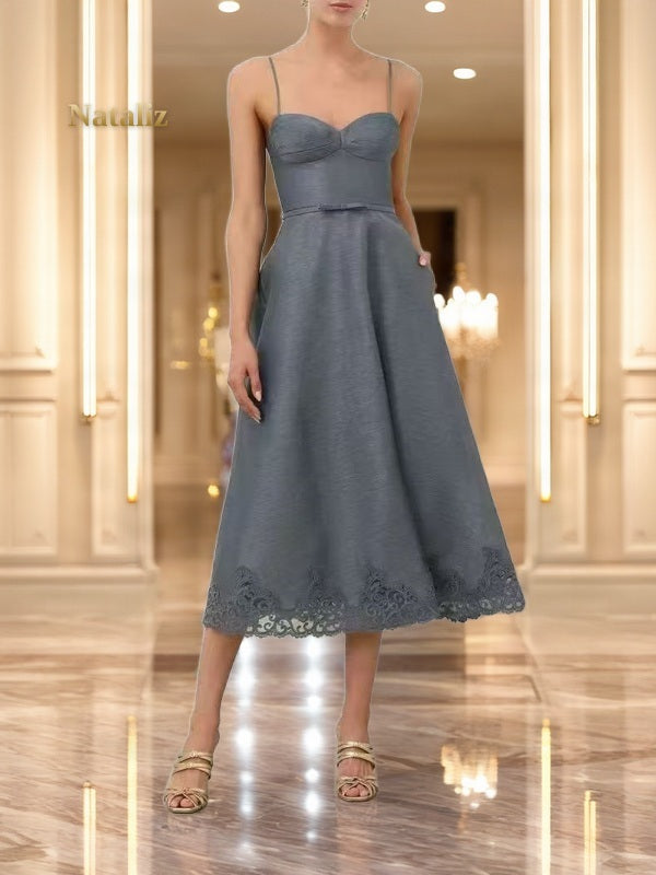 Lace-Trim Sweetheart Midi Dress in Dusty Blue model front view · nz-alt-v1