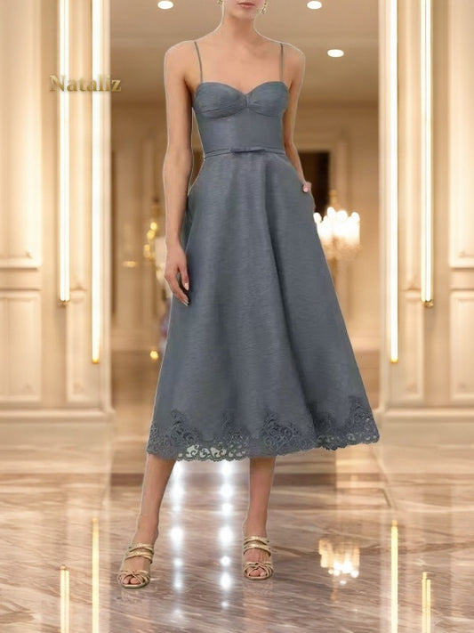 Scalloped-Trim Sweetheart Midi Dress in Dusty Blue model front view