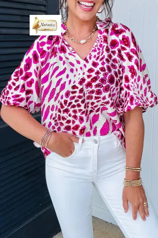 Rose Leopard Print V Neck Puffy Half Sleeve Blouse Dear-Lover Dropshipping