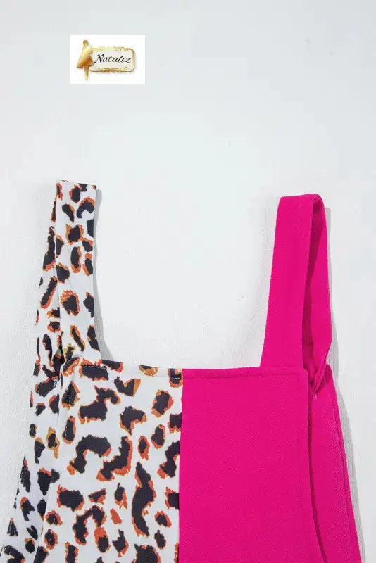 Rose Red Leopard Colorblock Patchwork Sleeveless Romper - Jumpsuits