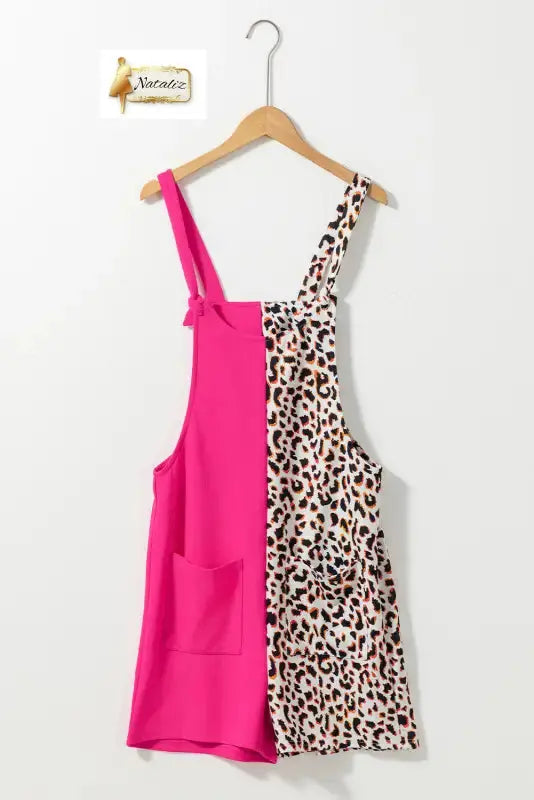 Rose Red Leopard Colorblock Patchwork Sleeveless Romper - Jumpsuits