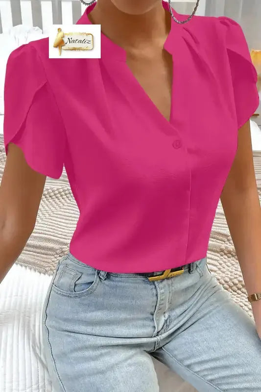 Rose Red Silky Notched Neckline Petal Sleeve Blouse Dear-Lover Dropshipping