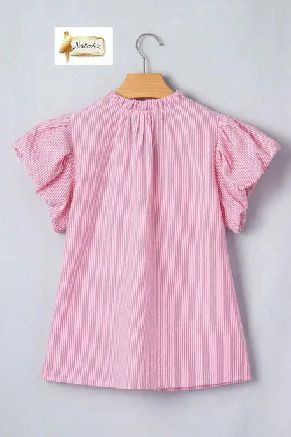 Rose Stripe Short Bubble Sleeve Split V Neck Blouse Nataliz