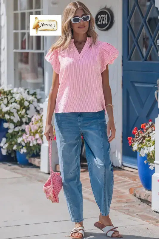 Rose Stripe Short Bubble Sleeve Split V Neck Blouse Nataliz