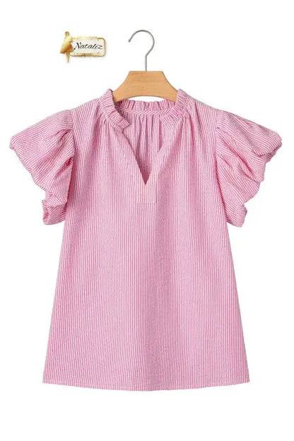 Rose Stripe Short Bubble Sleeve Split V Neck Blouse Nataliz