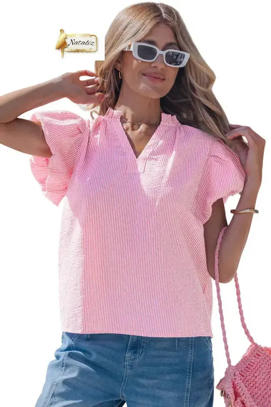 Rose Stripe Short Bubble Sleeve Split V Neck Blouse Nataliz