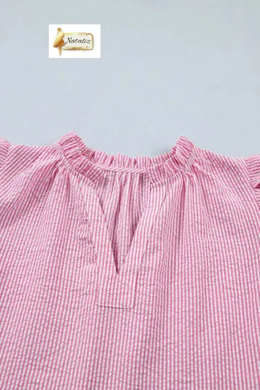 Rose Stripe Short Bubble Sleeve Split V Neck Blouse Nataliz