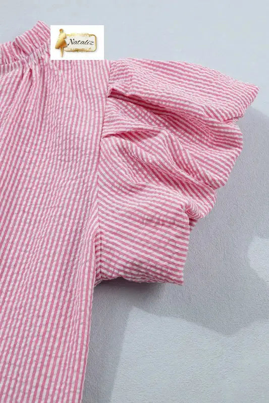 Rose Stripe Short Bubble Sleeve Split V Neck Blouse Nataliz