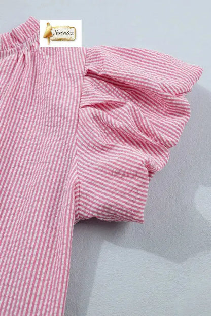 Rose Stripe Short Bubble Sleeve Split V Neck Blouse Nataliz