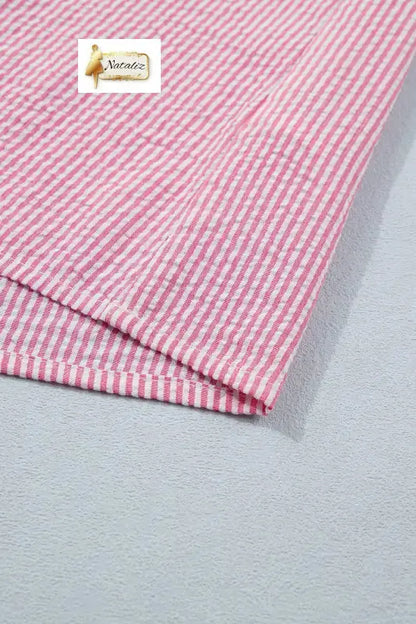 Rose Stripe Short Bubble Sleeve Split V Neck Blouse Nataliz