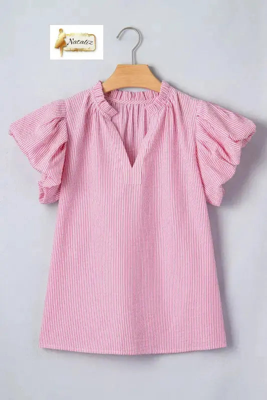 Rose Stripe Short Bubble Sleeve Split V Neck Blouse Nataliz