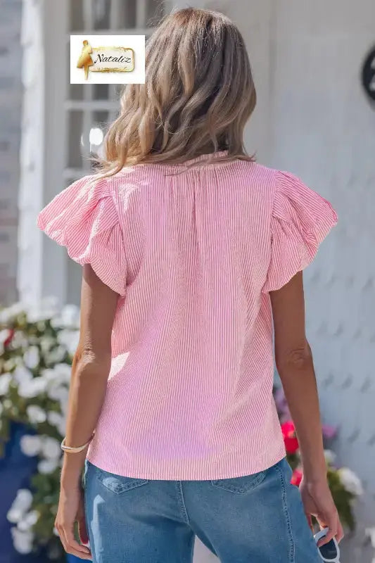 Rose Stripe Short Bubble Sleeve Split V Neck Blouse Nataliz