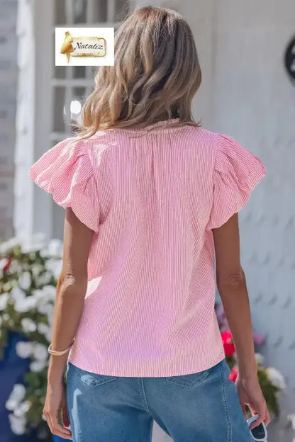 Rose Stripe Short Bubble Sleeve Split V Neck Blouse Nataliz